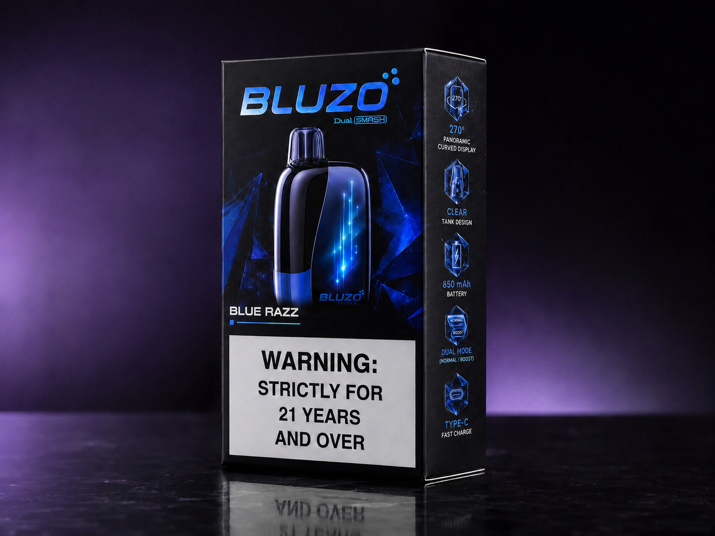 Retail packaging box, front angle, dark scene